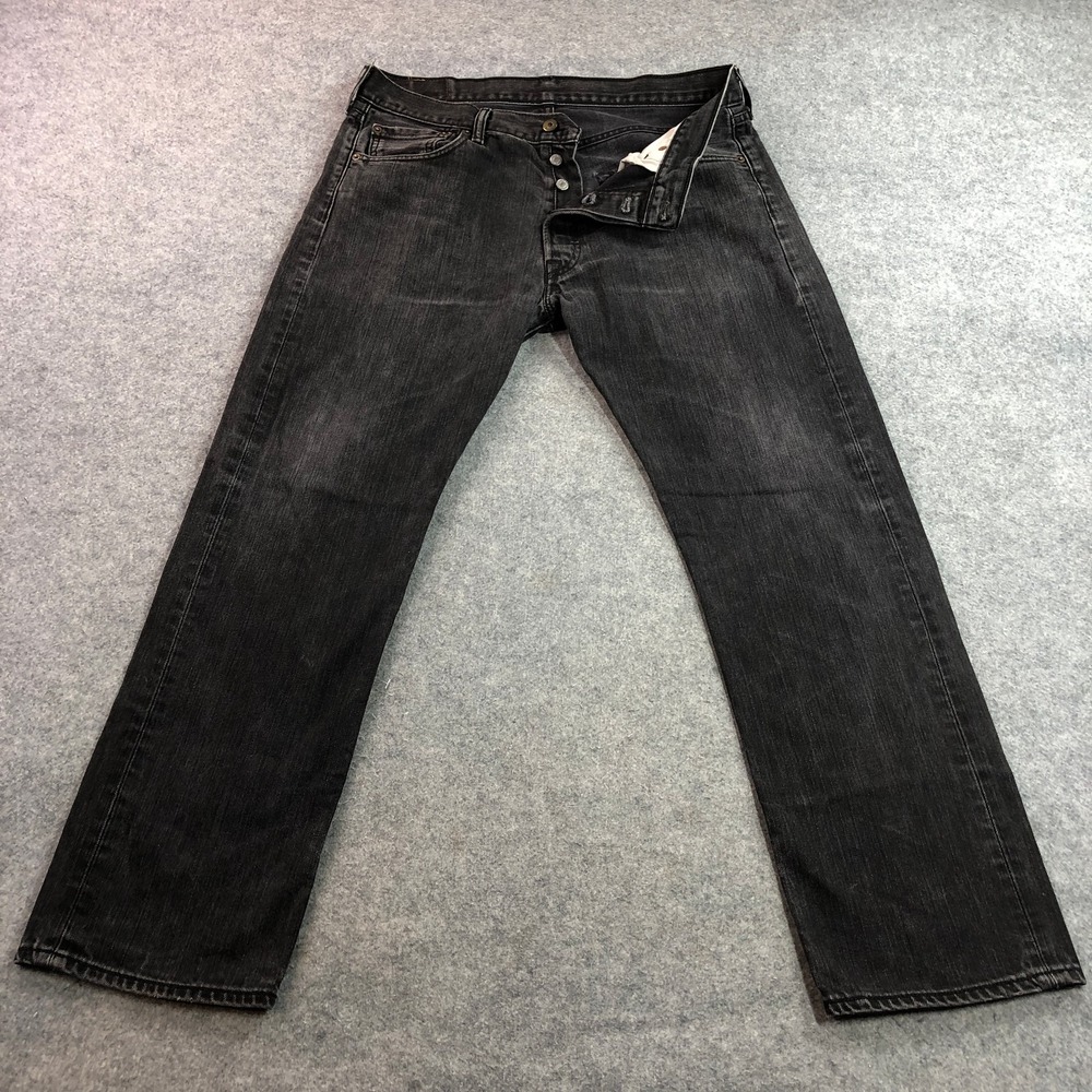 Levis Mens 501 Jeans 36x32 Black Charcoal Wash Button Fly Straight Leg Denim